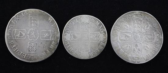 Two crowns 1682 & William III and a 1708 half crown,